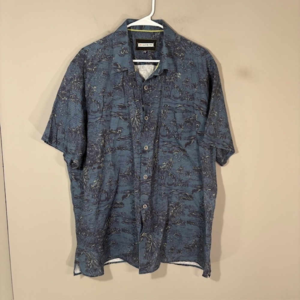 32 Bar Blues Shirt Mens XL Blue Tropical Linen Hawaiian Short Sleeve Button Up